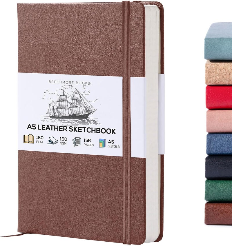 Beechmore Books دفتر رسم A5 – 5.8x8.3 جلد فاخر نباتي كبير مع 156 صفحة سميكة 160gsm بيج عاجي مثقبة، دفتر رسم فارغ، مع صندوق هدايا، جيب خلفي، علامة مرجعية - Image 1